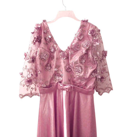 VNTG 80s Satin Dress Sz XL Pink 3D Flowers Chiffon Sleeves Fairy Princess Retro - Picture 6 of 12
